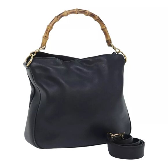 GUCCI Bamboo Hand Bag Leather 2way Black Gold 001 1638 2058 Auth 89464 - Picture 1 of 16